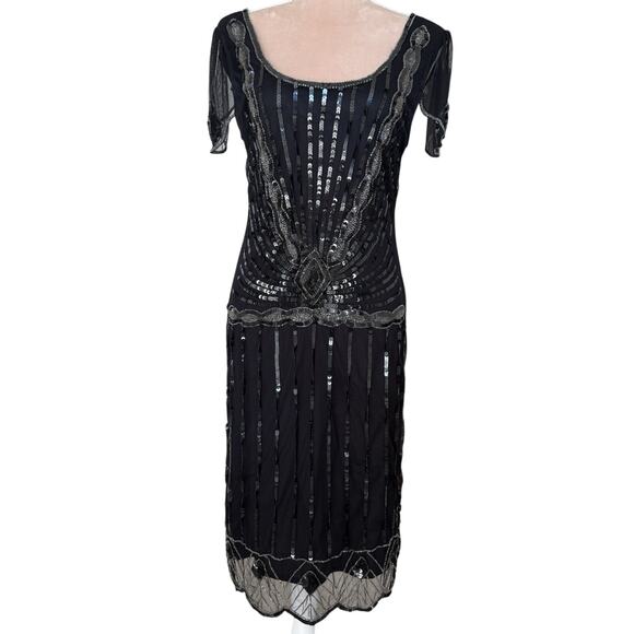 Gatsbylady London Black Beaded Sequin 1920s Flapper Dress Art Deco Formal Size 6 - Picture 1 of 16